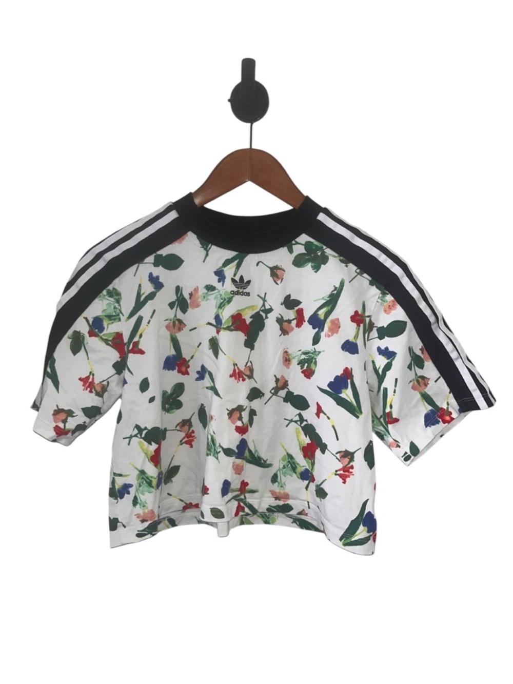 Adidas Women’s Floral Print Cropped Tee with Striped Shoulders - White/Multi - Picture 6 of 6